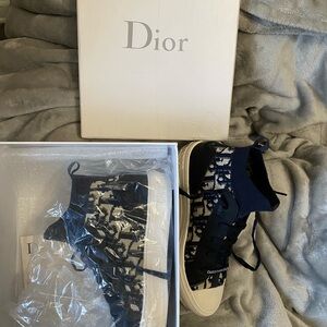 Dior Navy and White Logo Knit High-Top Sneakers